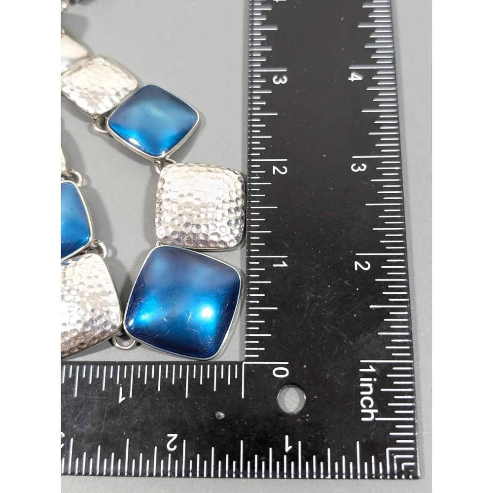 Blue‎ Enamel Hammered Statement Necklace Silver Tone Western Boho 22
